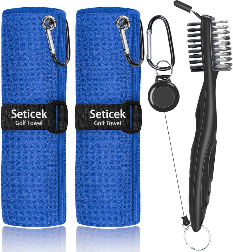 Seticek 2 Pack Golf Towel (16" X 16") with Club Brush, Microfiber Waffle Pattern Towels for Golf Bags for Men,Essential Golf Combo Cleaning Kit (Blue) - Image 1